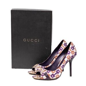 Gucci Crystal Horsebit Small Karung Print Peep Toe Heels Size 8B US Purple/White